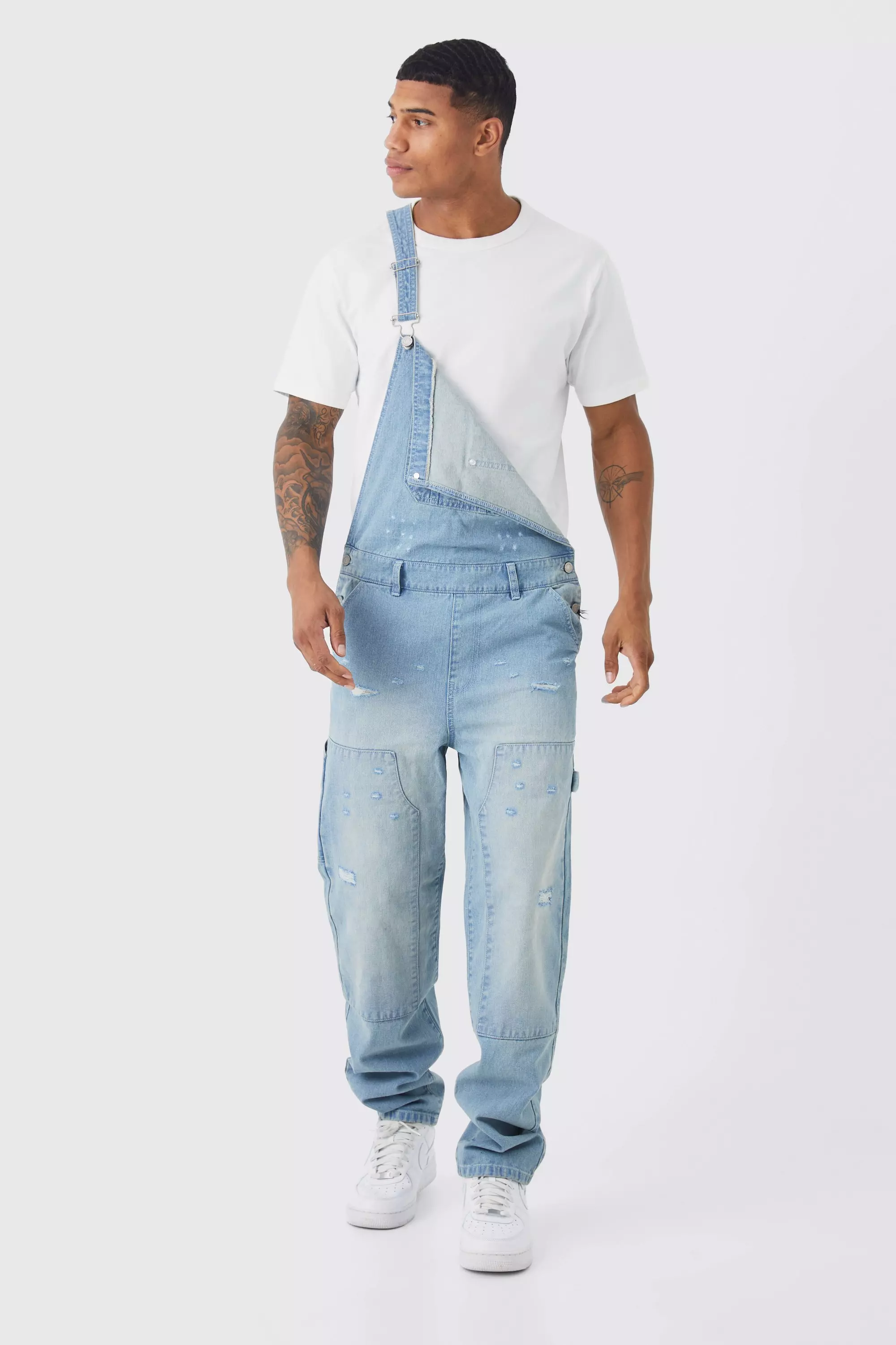 Relaxed Carpenter Distressed Overalls boohooMAN USA